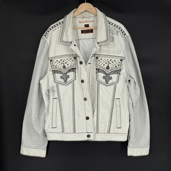 Rock Revival Mens Studded Denim Jacket XXXL Off White Gray Streetwear Distressed - Picture 1 of 14